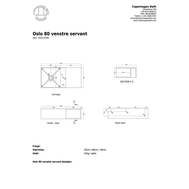 Copenhagen Bath Oslo 80 Servant 80x40 cm, venstre, Hvit Matt 