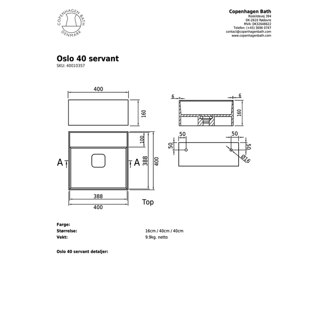 Copenhagen Bath Oslo 40 Servant 40x40 cm, Hvit Matt 