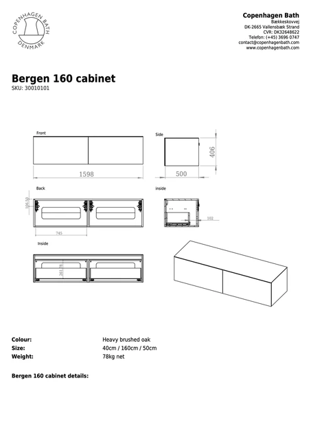 Copenhagen Bath Bergen 160 Servantskap 160x50 cm, med 2 skuffer, Børstet Eik 