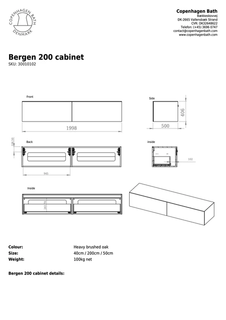 Copenhagen Bath Bergen 200 Servantskap 200x40 cm, med 2 skuffer, Børstet Eik 