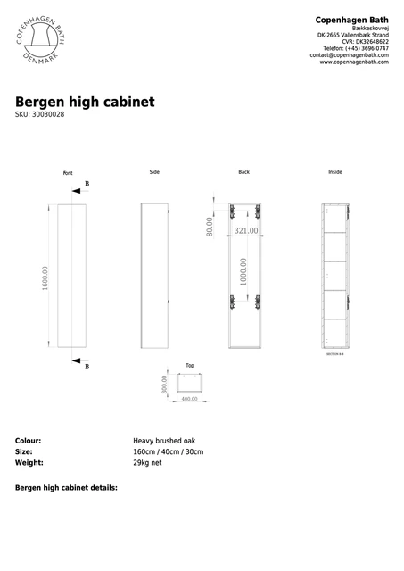 Copenhagen Bath Bergen høyskap 1600x400 cm, med 1 dør, Børstet Eik 