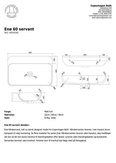 Copenhagen Bath Enø servant 600x400 mm, Hvit Matt 