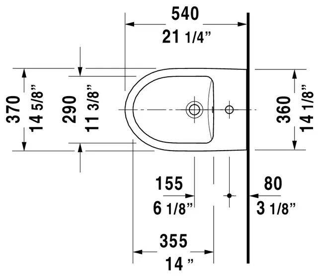 Duravit No.1 Vegghengt Bidet 370x540 mm, 1 bl.hull, m/o.l, Hvit 