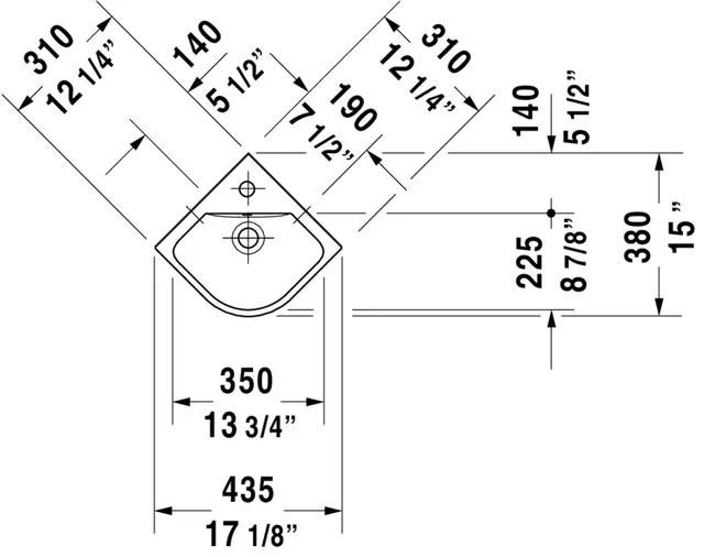 Duravit ME by Starck Hjørneservant 435x380 mm, 1 bl.hull, m/o.l, Hvit m/WG 