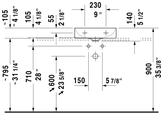 Duravit DuraSquare Toppmontert servant 450x350 mm, 1 bl.hull, u/o.l, Hvit m/WG 