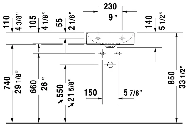 Duravit DuraSquare Toppmontert servant 450x350 mm, 1 bl.hull, u/o.l, Hvit m/WG 