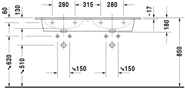 Duravit Me By Starck Dobbelservant 1300x490 mm, 1 bl.hull, m/overløp, Hvit 