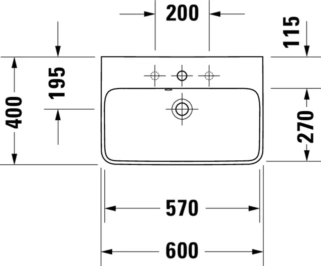 Duravit ME by Starck Vegghengt servant 600x400 mm, 1 bl.hull, m/overløp, Hvit 