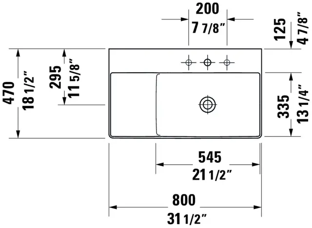 Duravit DuraSquare Toppmontert servant 800x470 mm, u/bl.hull, u/o.l, Hvit m/WG 