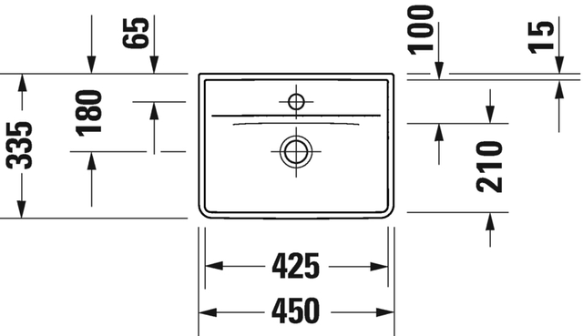 Duravit D-Neo Vegghengt Servant 450x335 mm, u/bl.hull, u/o.l, Hvit 