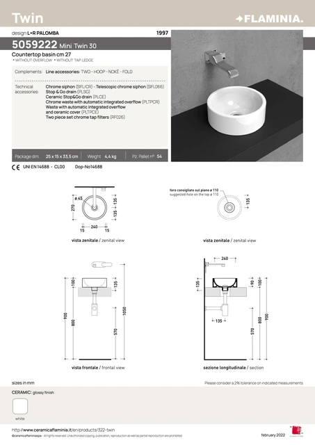 Flaminia Mini Twin Toppmontert servant Ø270 mm, Hvit 