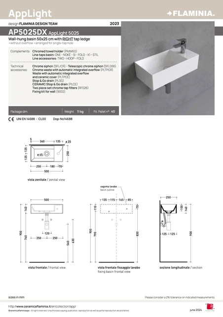 Flaminia Applight 50 Toppmontert Servant 50x25 cm, u/overløp, Azzurro Polvere 