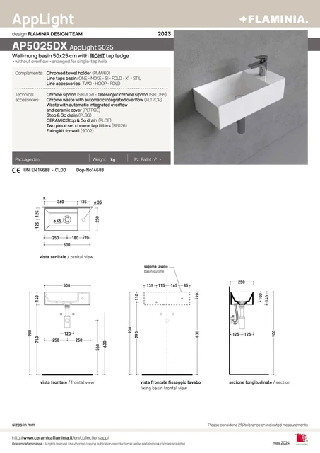 Flaminia Applight 50 Vegghengt Servant 50x25 cm, u/overløp, Høyre, Menta 