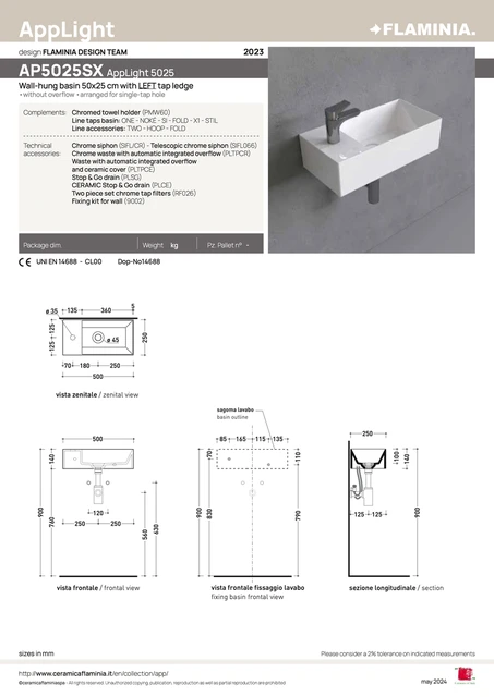 Flaminia Applight 50 Vegghengt Servant 50x25 cm, u/overløp, Venstre, Menta 