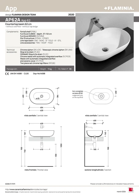 Flaminia App 62 Toppmontert Servant 62 cm, White 