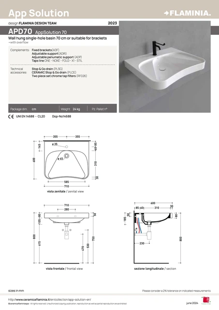 Flaminia App Solution Vegghengt Servant 70 cm, m/overløp, White 