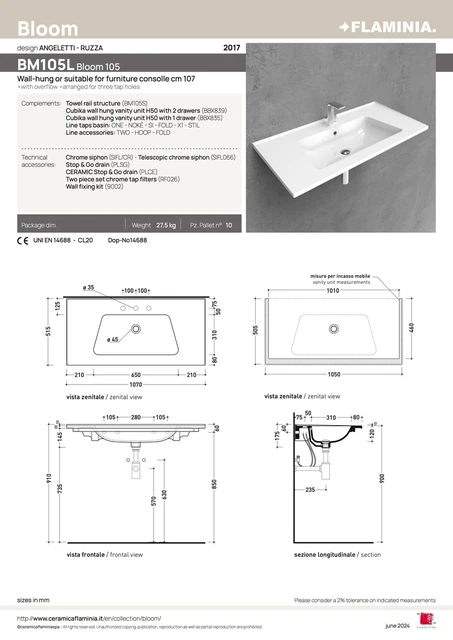 Flaminia Bloom 105 Vegghengt Servant 107x51,5 cm, m/overløp, Carbone 