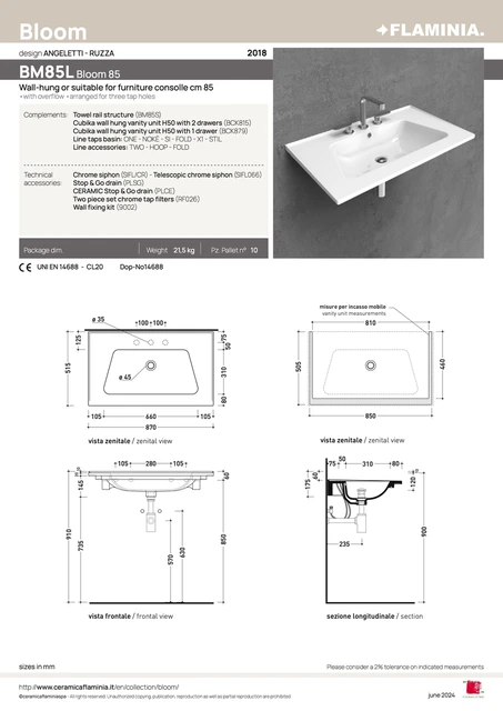 Flaminia Bloom 85 Vegghengt Servant 87x51,5 cm, m/overløp, Carbone 