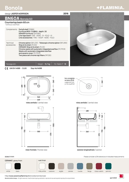 Flaminia Bonola 60 Toppmontert Servant 62x48 cm, White 