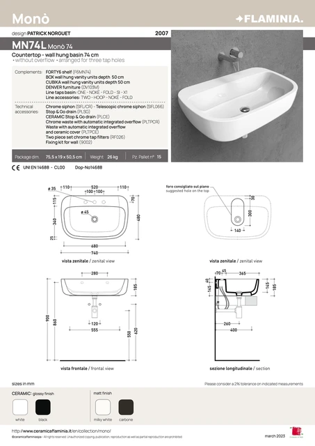 Flaminia Mono Servant 740x480 mm, Hvit 