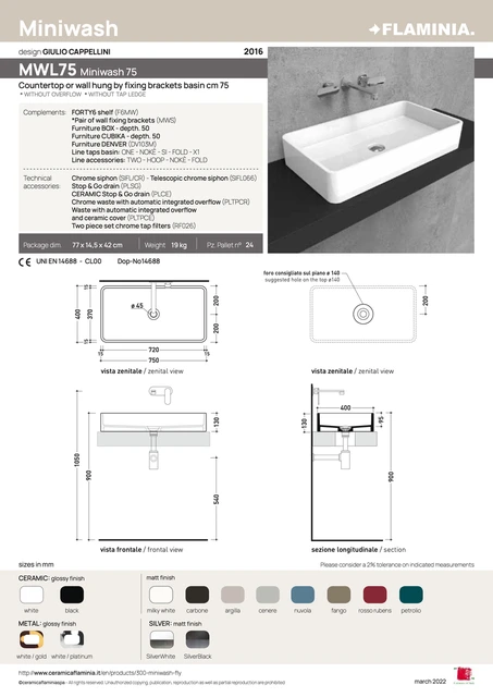 Flaminia Miniwash 75 Servant 750x400 mm, Hvit 