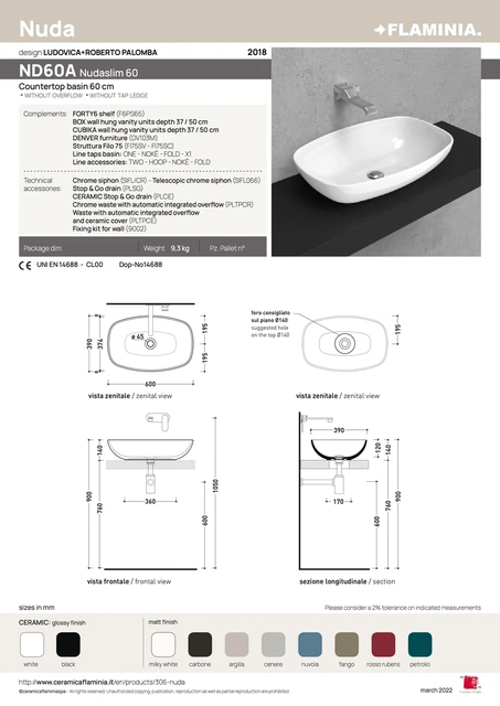 Flaminia Nudaslim 60 Toppmontert Servant 60 cm, White 