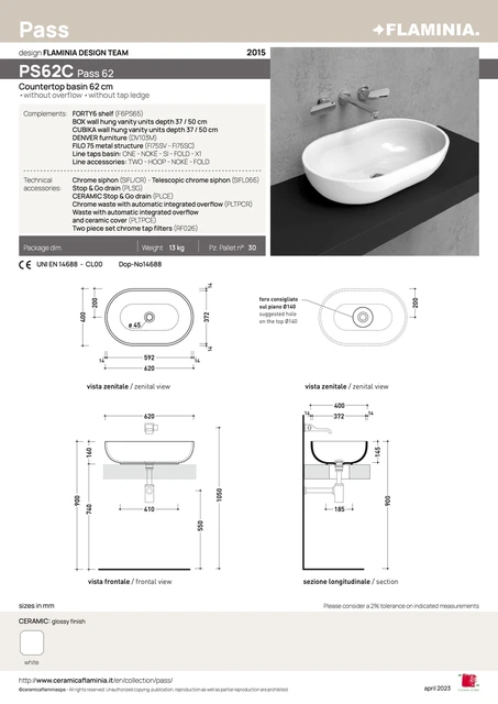 Flaminia Pass 62 Toppmontert Servant 62 cm, White 