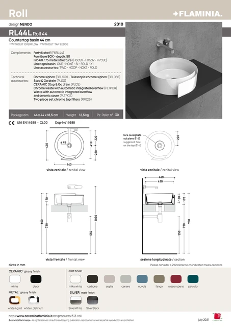 Flaminia Roll 44 Toppmontert Servant 440x440 mm, Hvit 