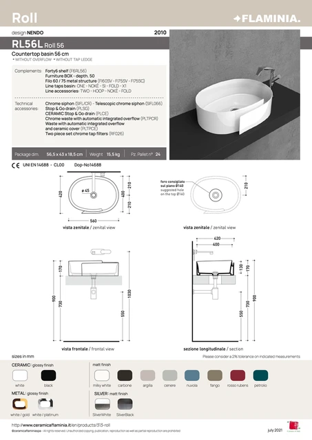 Flaminia Roll 56 Toppmontert Servant 560x420 mm, Hvit 