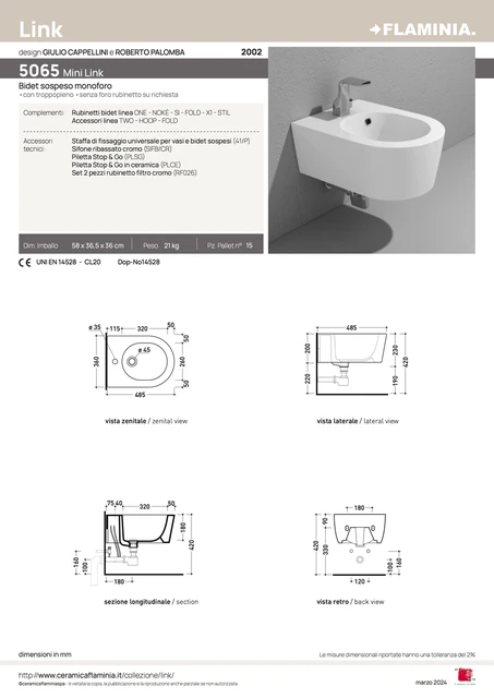 Flaminia Mini Link Vegghengt bidé 360x485 mm, Hvit 