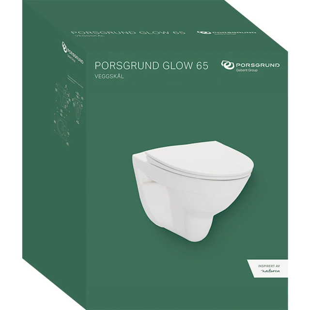 Porsgrund Glow 65 Sett Vegghengt Toalett Rimfree, m/sete, QR, Myktlukkende, Hvit 