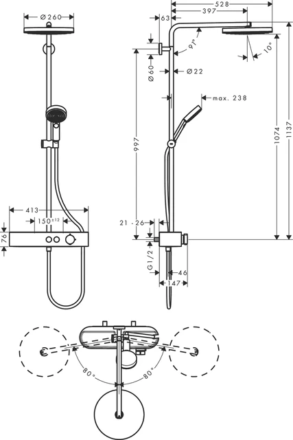 Hansgrohe Pulsify S Showerpipe Ø260 cm, 1 stråletype, Hvit Matt 