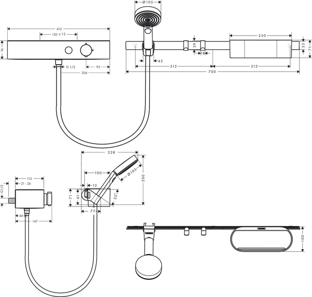 Hansgrohe WallStoris Dusjpakke 3 stråletyper, med termostat, Sort Matt 