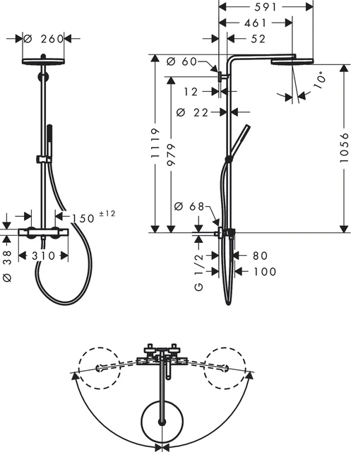 Hansgrohe Pulsify S Puro Showerpipe Ø260 mm, 1 stråletype, Børstet Bronse 