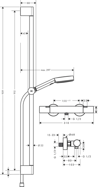 Hansgrohe Pulsify Select S Dusjpakke 90 cm, 3jet, m/termostat, Krom 