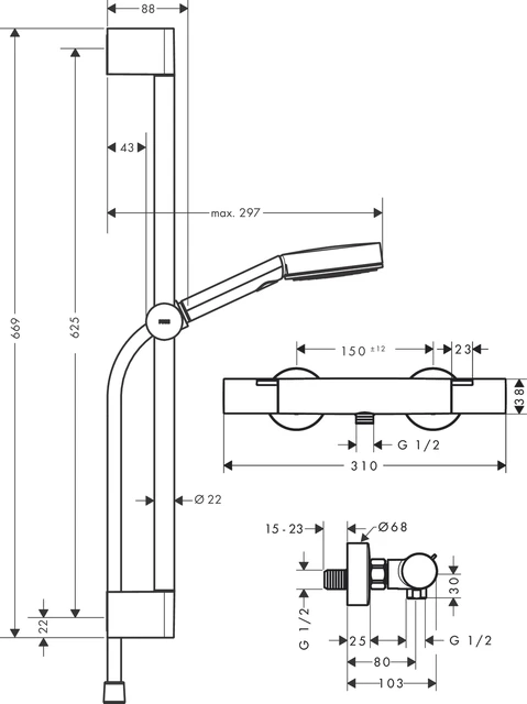 Hansgrohe Pulsify Select S Dusjpakke 65 cm, 3jet, m/termostat, Krom 