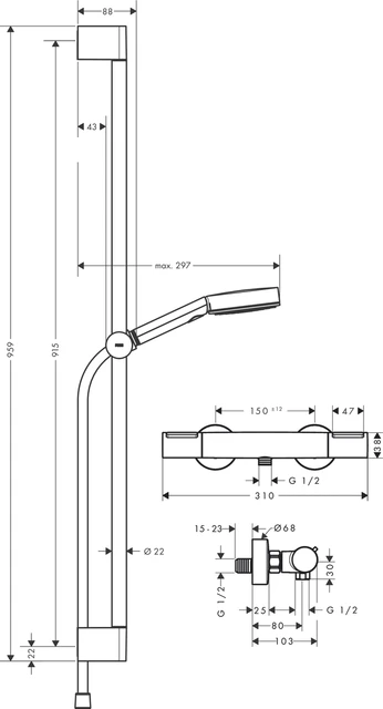 Hansgrohe Pulsify Select S Dusjpakke 90 cm, 3jet, m/termostat, Krom 