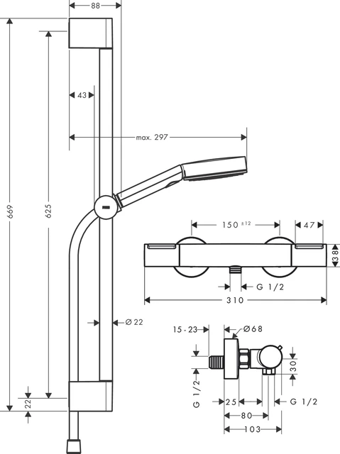 Hansgrohe Pulsify Select S Dusjpakke 65 cm, 3jet, m/termostat, Krom 