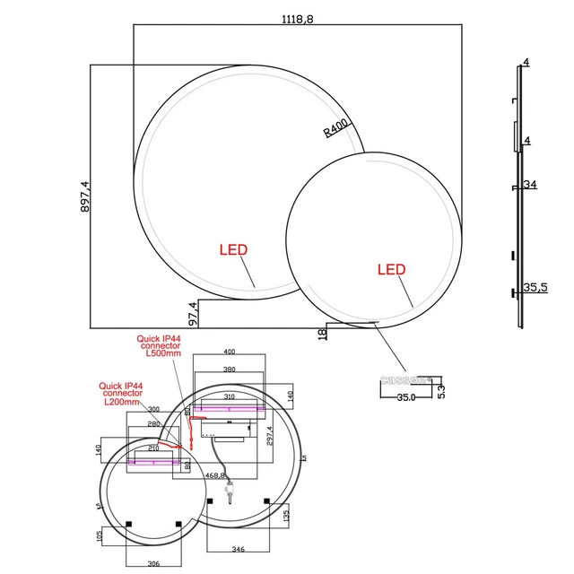 Cassøe Livorno Dobbelt Speil 111,8x3,6x89,7 cm, venstre, m/Led-lys 