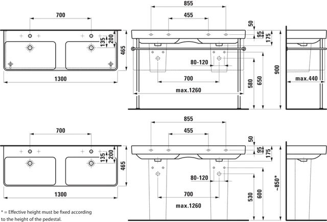 Laufen Pro S Dobbelservant 130x47 cm, m/1 bl.hull, Hvit 