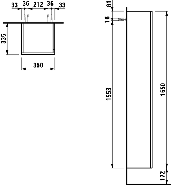 Laufen Kartell Høyskap med 1 dør 350x1650 mm, Venstrehengslet, Hvit Matt 