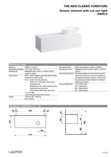 Laufen The New Classic Servantskap 1175x455 mm, m/topp, Trafikkgrå 