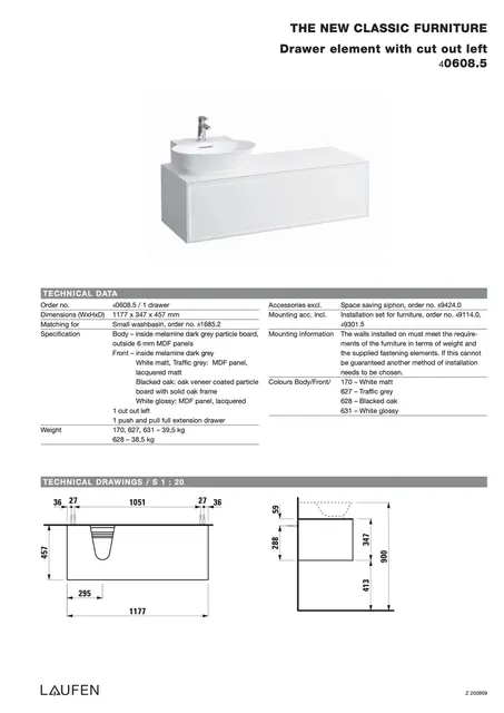 Laufen The New Classic Servantskap 1175x455 mm, m/topp, Trafikkgrå 