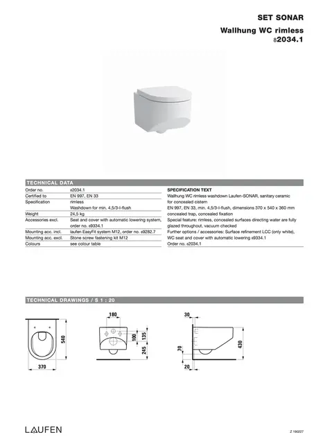 Laufen Sonar Vegghengt toalett 53x37 cm, rimless, Hvit 