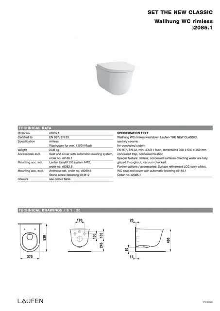 Laufen The New Classic Vegghengt Toalett 530x370 mm, Uten skyllekant, Hvit Matt 