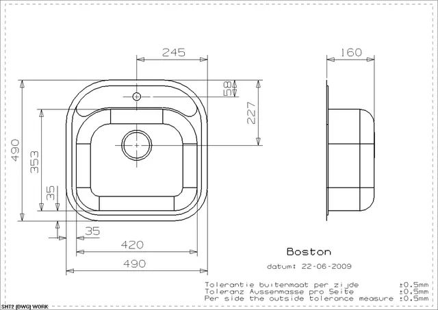 Reginox Boston L Kjøkkenvask 490x490x160 mm, Rustfritt stål 
