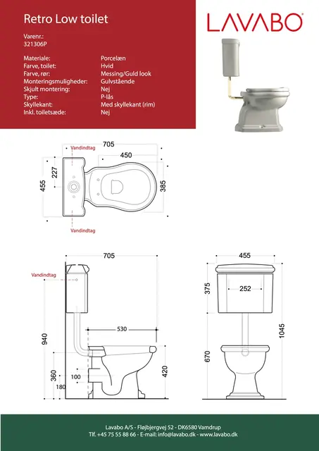 Lavabo Retro LOW Toalett 455x705 mm, Messing/P-lås, Blank Sort 
