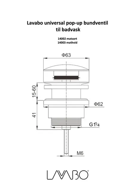 Lavabo universal pop-up bunnventil G1-1/4" - Ø63 mm, Hvit Matt 