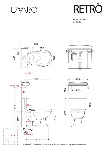Lavabo Retro LOW Gulvstående Toalett 455x705x1045 mm, Krom/S-lås, Hvit 