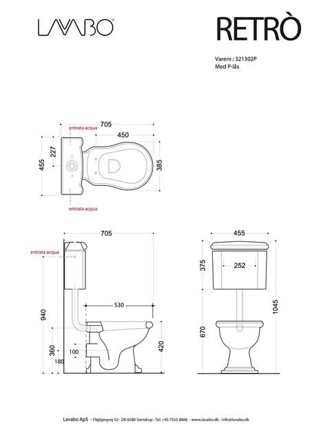 Lavabo Retro LOW Gulvstående Toalett 455x705x1045 mm, Krom/P-lås, Hvit 